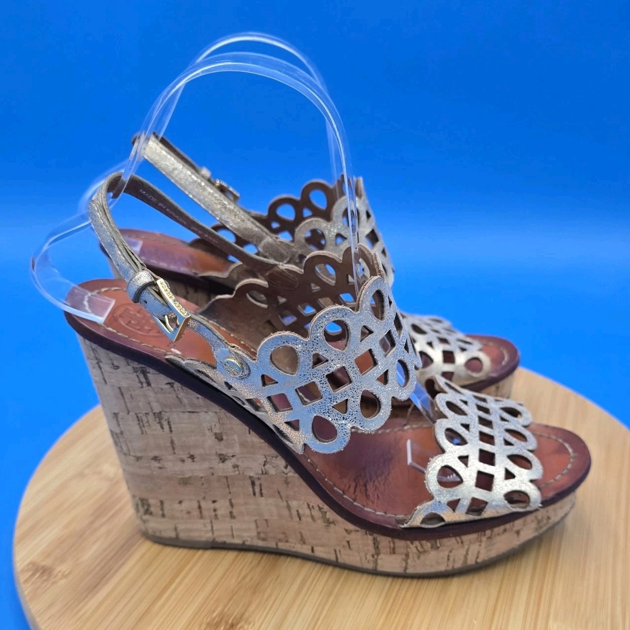 Tory Burch Nori Metallic Gold Laser Cut Cork Wedge Sandal Heels Sz 8.5 M
